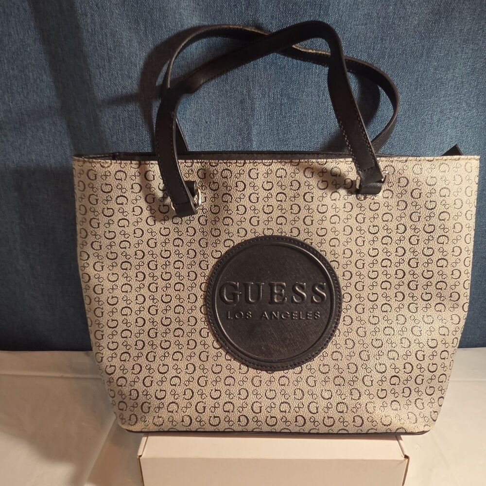 Guess Los Angeles Monogram Tote Bag Gray Black Shoulder Purse - Picture 2 of 16